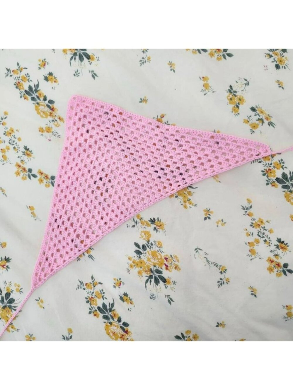Cottagecore coquette Handmade crochet silk cashmere pink bandana. 12x9x9 inches.
